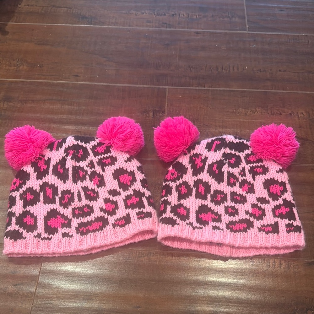 Betsey Johnson Pink Leopard Print Pom-Pom Hats